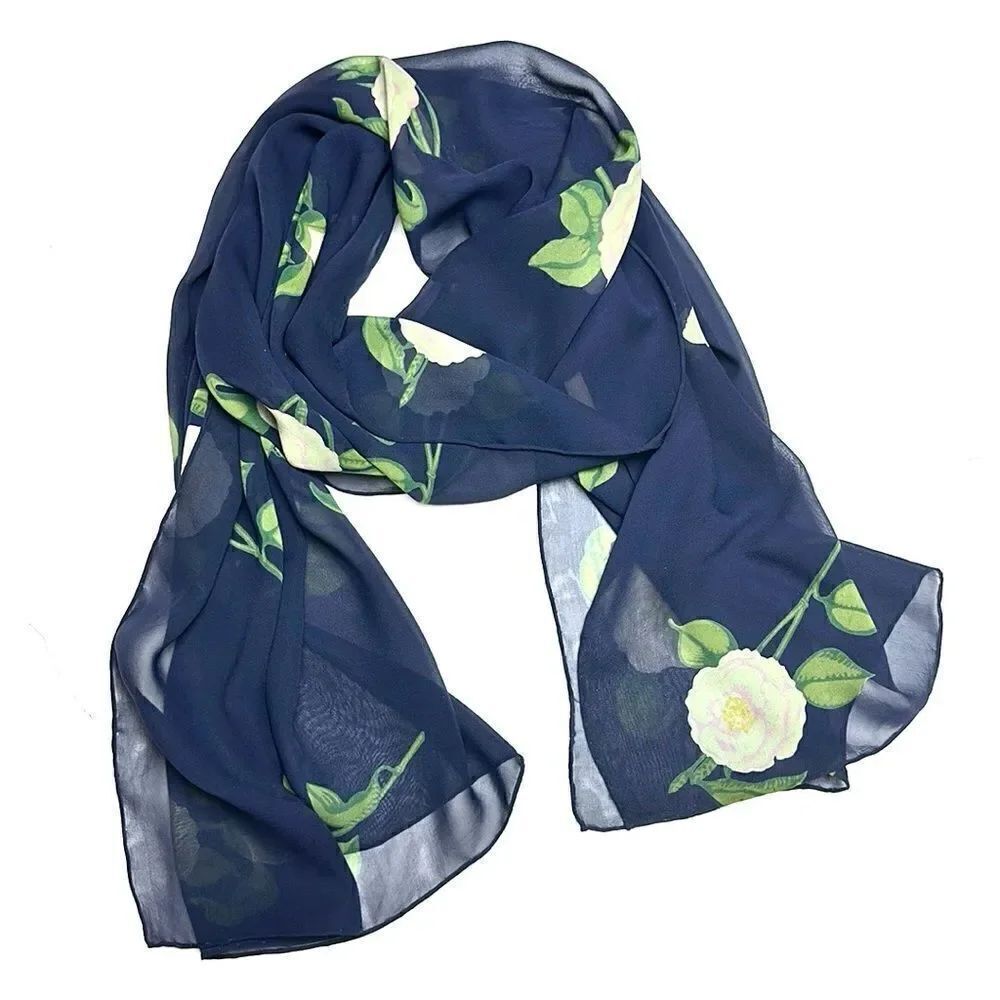 Zazou Luxe Oblong Silk Chiffon Scarf Navy Blue Floral Roses Hand Rolled